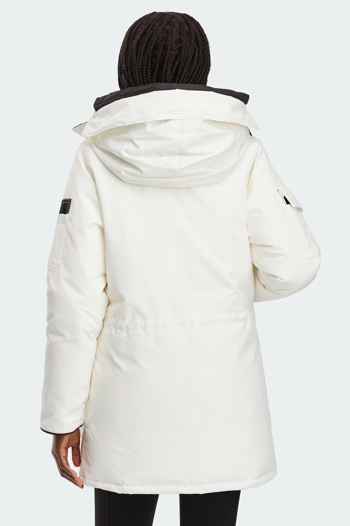 Expedition Parka femme blanc cassé vue arrière, capuche avec bord côtelé et cordons