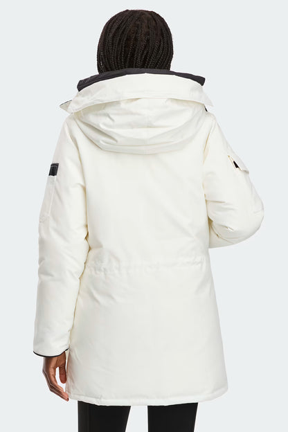 Expedition Parka femme blanc cassé vue arrière, capuche avec bord côtelé et cordons