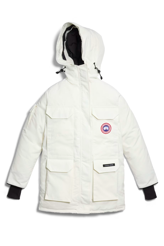 Expedition Parka parka femme noire et blanche à capuche, poches, écusson poitrine