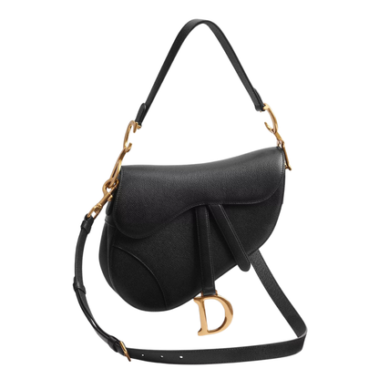 CD Saddle Bag with Strap, black crossbody style with curved flap and gold D charm