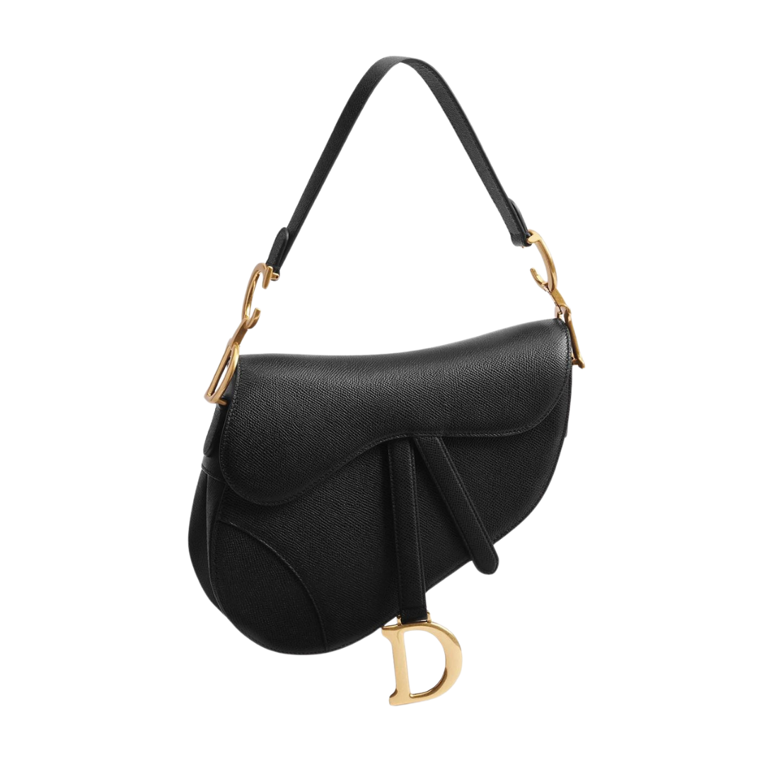 CD Saddle Bag with Strap, black textured leather with curved top flap and D charm