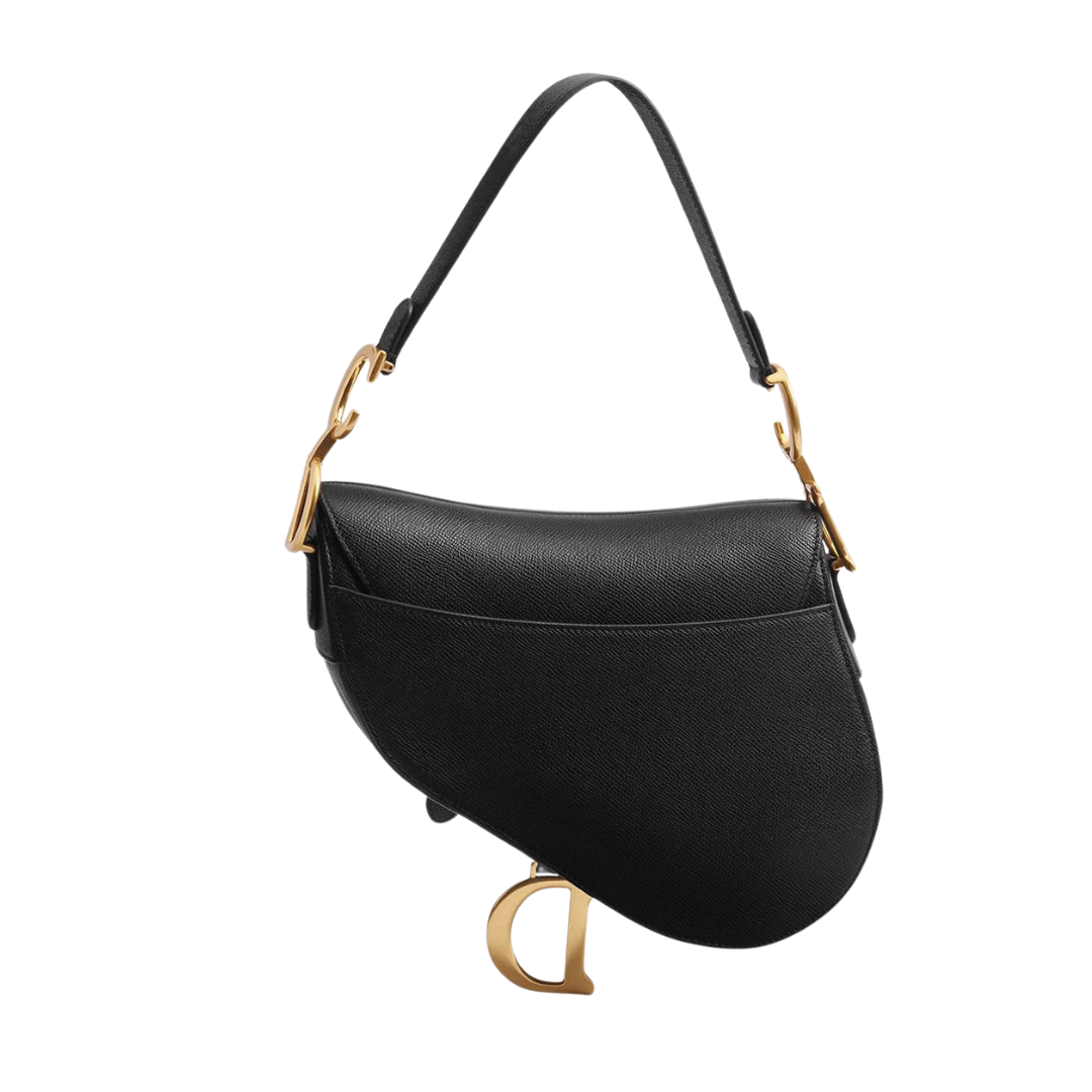 CD Saddle Bag with Strap, black saddle bag shape with curved flap and gold D charm