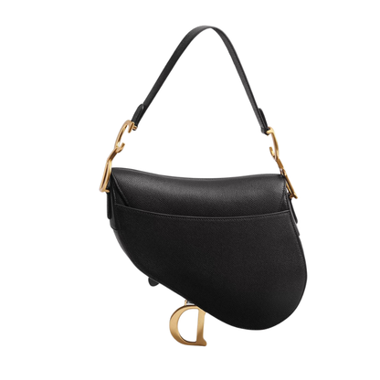 CD Saddle Bag with Strap, black saddle bag shape with curved flap and gold D charm