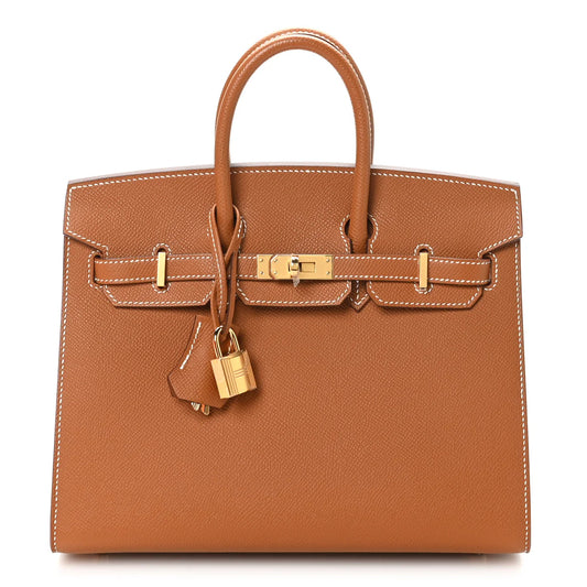Hermès Birkin Sellier 25, braune Ledertasche mit Tragehenkeln, goldfarbener Schlossklappe