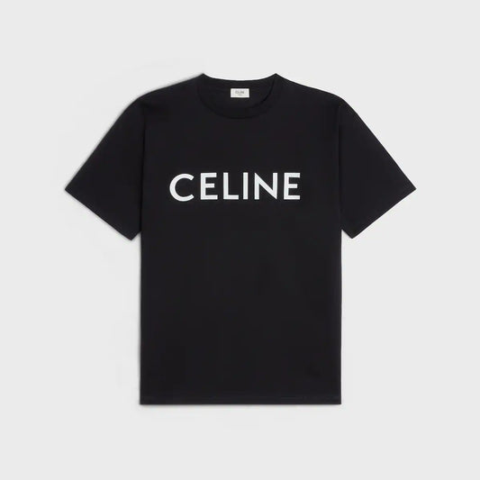 Loose cotton jersey T-shirt, black, white CELINE logo print (front)