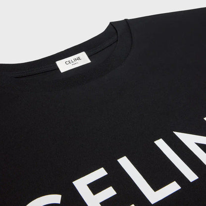 Black loose T-shirt neckline with brand tag and white CELINE lettering detail
