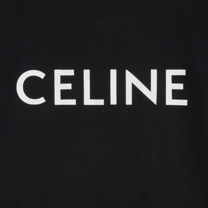 Black cotton jersey T-shirt with large white CELINE logo text