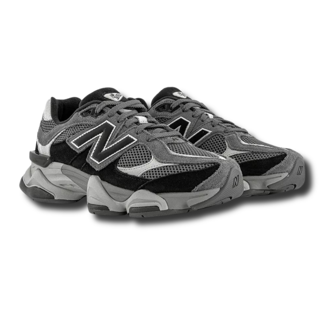 NB 9060 lace-up sneakers black/grey with mesh panels, N logo, and cushioned sole