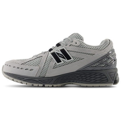 NB 1906R grey running shoe, side view, perforated panels and black N trim