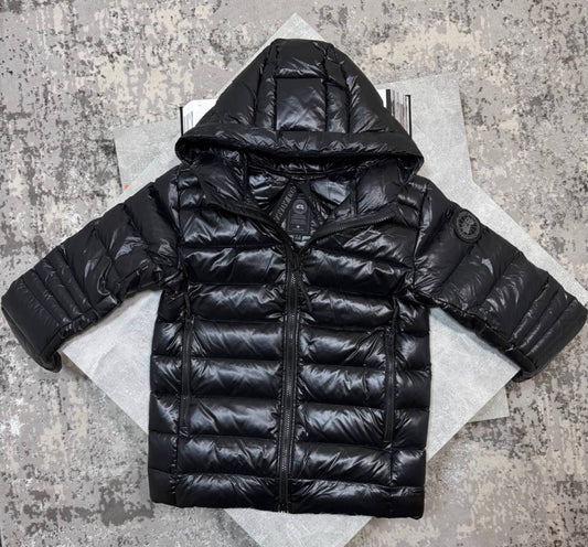 Black hooded puffer jacket with full-zip front, quilted padding, and round sleeve patch