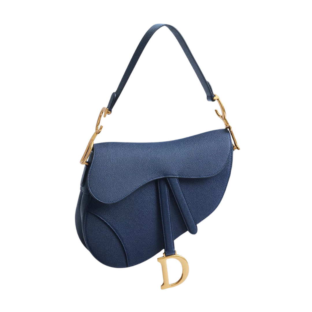 CD Saddle Bag with Strap, navy blue textured finish with curved flap and D charm