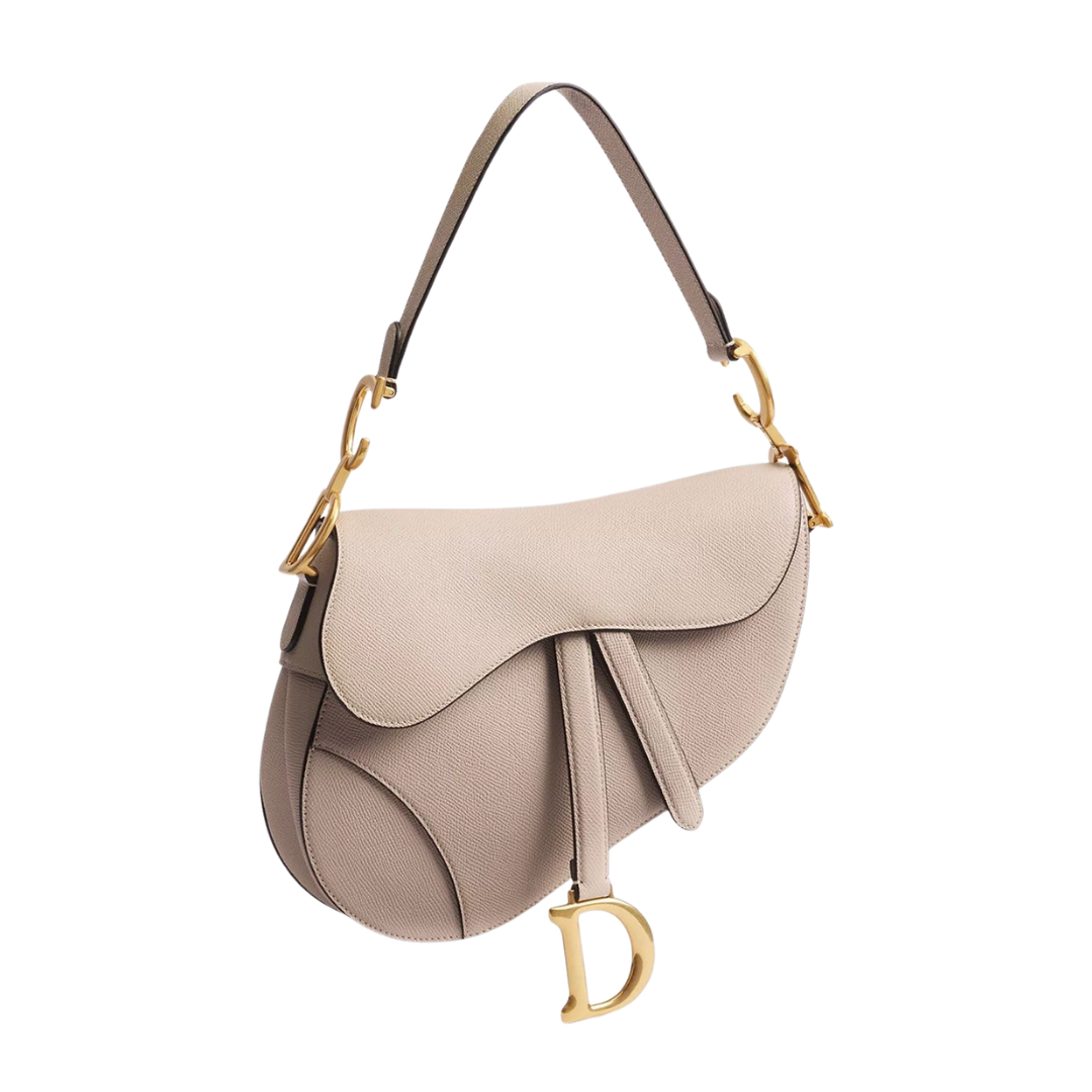 CD Saddle Bag with Strap, khaki/taupe tone with curved flap and hanging D charm