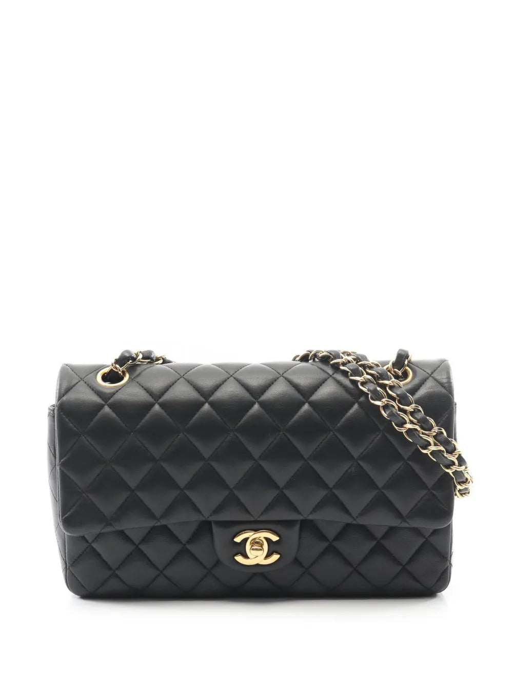 Black quilted shoulder bag with gold chain, flap clasp, CC logo