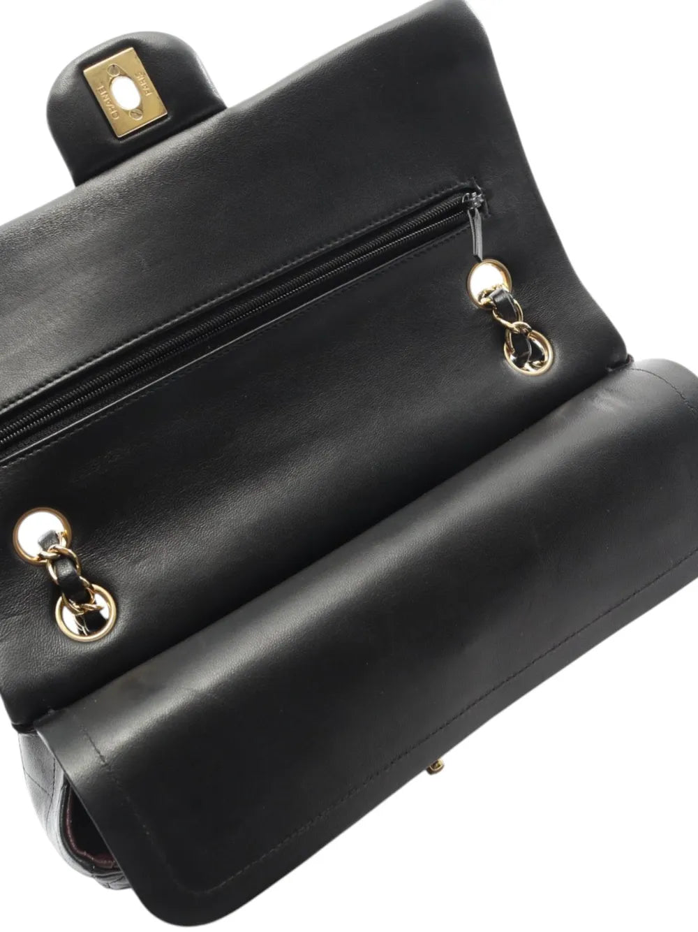 Black leather shoulder bag, gold-tone chain rings and zip pocket detail
