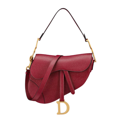 CD Saddle Bag with Strap, red with curved flap, long tie detail, and D charm