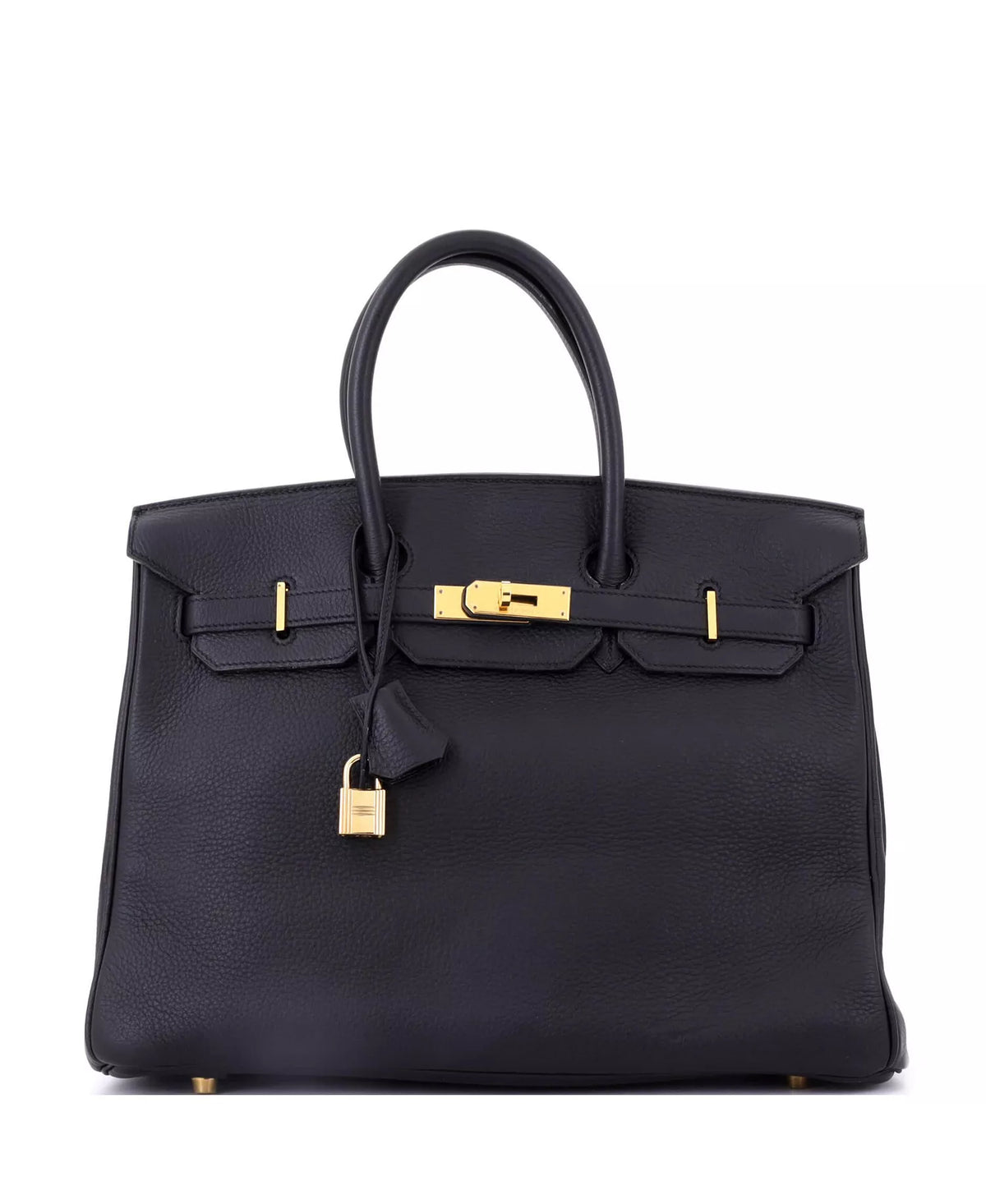 Hermès Birkin handbag with front flap, gold-tone lock, top handles and hanging key