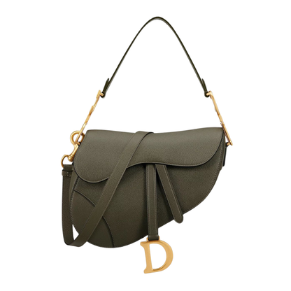 CD Saddle Bag with Strap, kharki green with curved flap and gold D charm