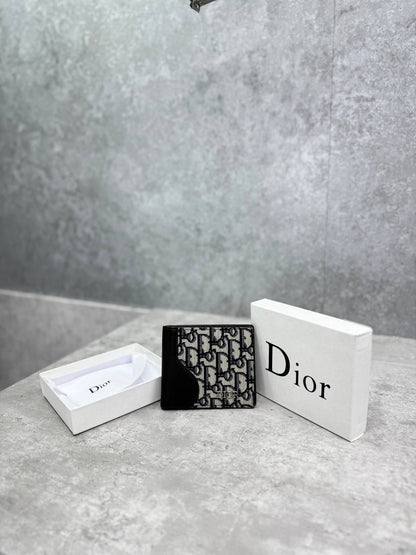 Diorr black monogram bifold wallet angled view with front logo panel