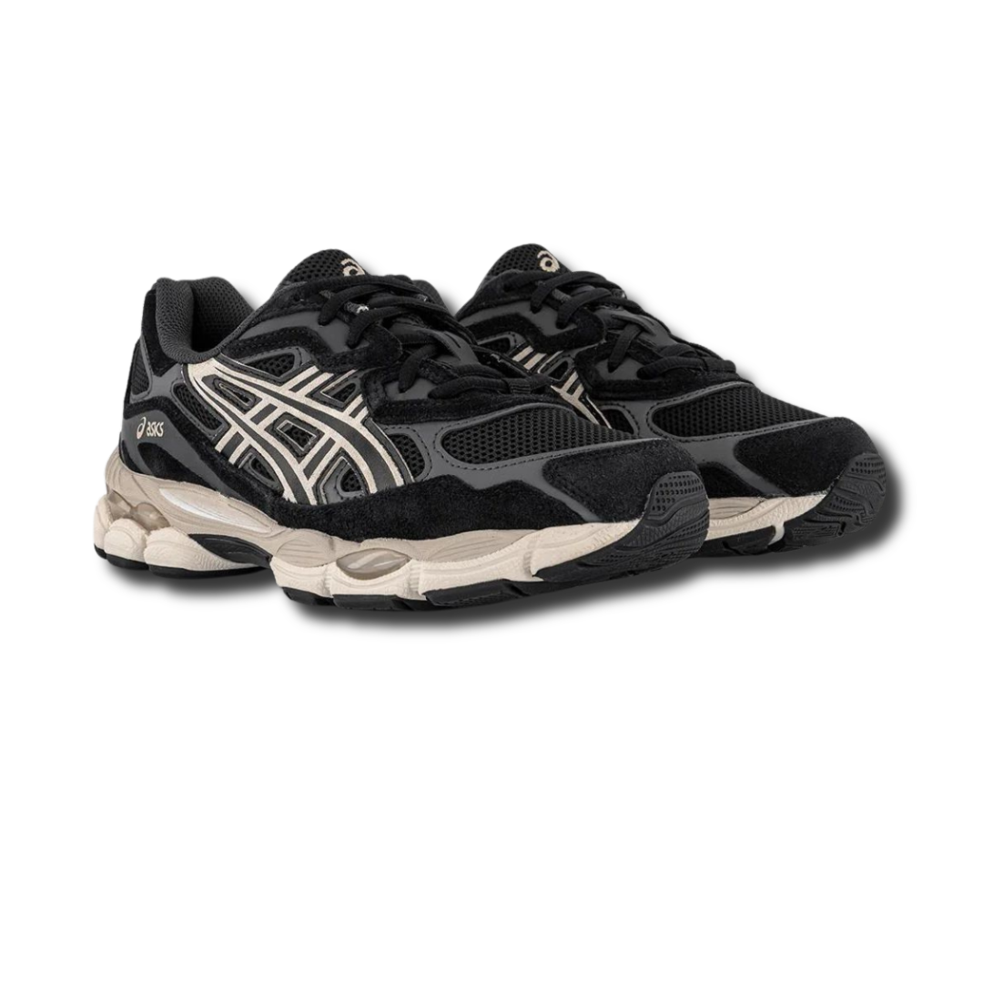 Black and cream gel-style lace-up sneakers with chunky midsole
