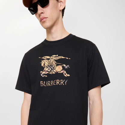 Black cotton T-shirt front view with Burberry horse and crest graphic, crew neck