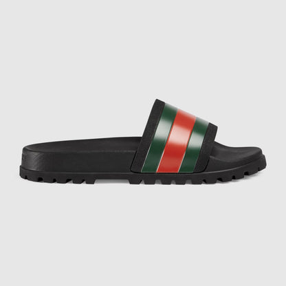 Rubber Web Slide Sandal with black base and green/red striped strap
