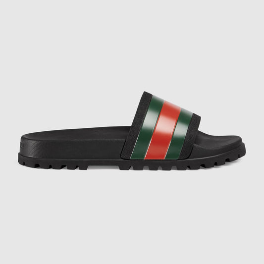 Rubber Web Slide Sandal with black base and green/red striped strap
