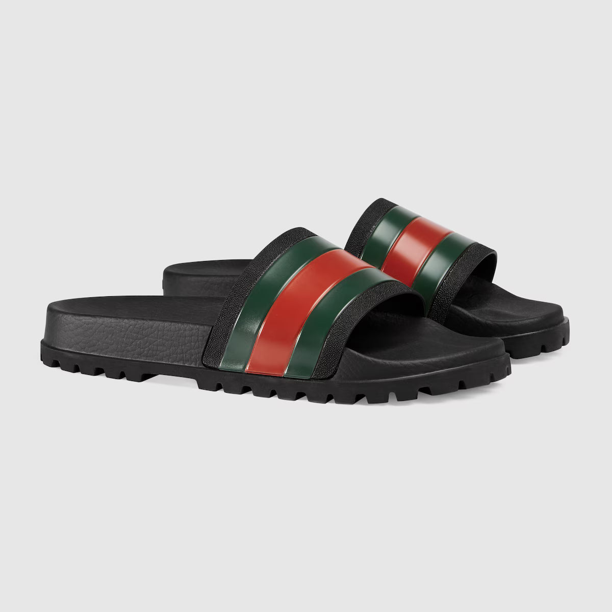 Pair of Rubber Web Slide Sandals, black footbed, green and red striped webbing