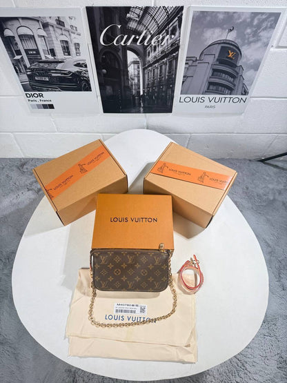 LV monogram pochette bag, front flap clasp, gold chain strap; red wrist strap