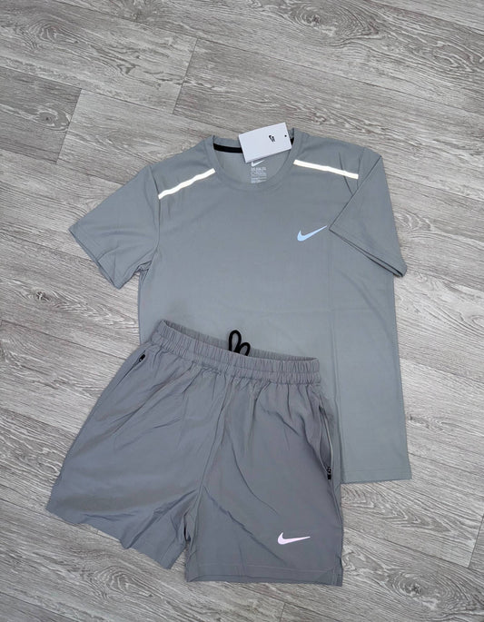 Grey Nike running T-shirt and shorts set, crew neck tee with logos