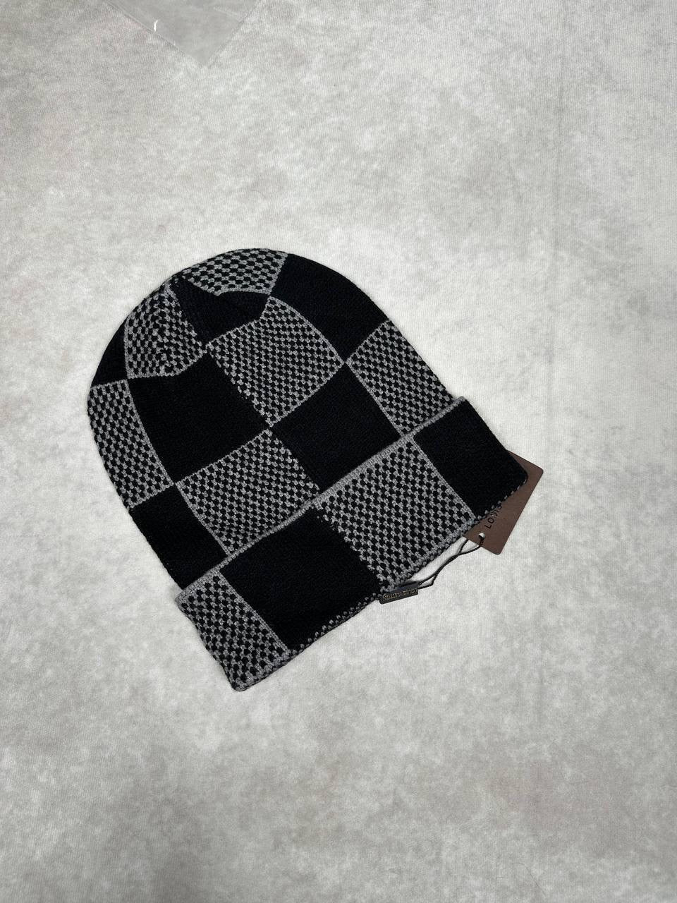 LV checkerboard knit beanie in black and light gray, folded cuff