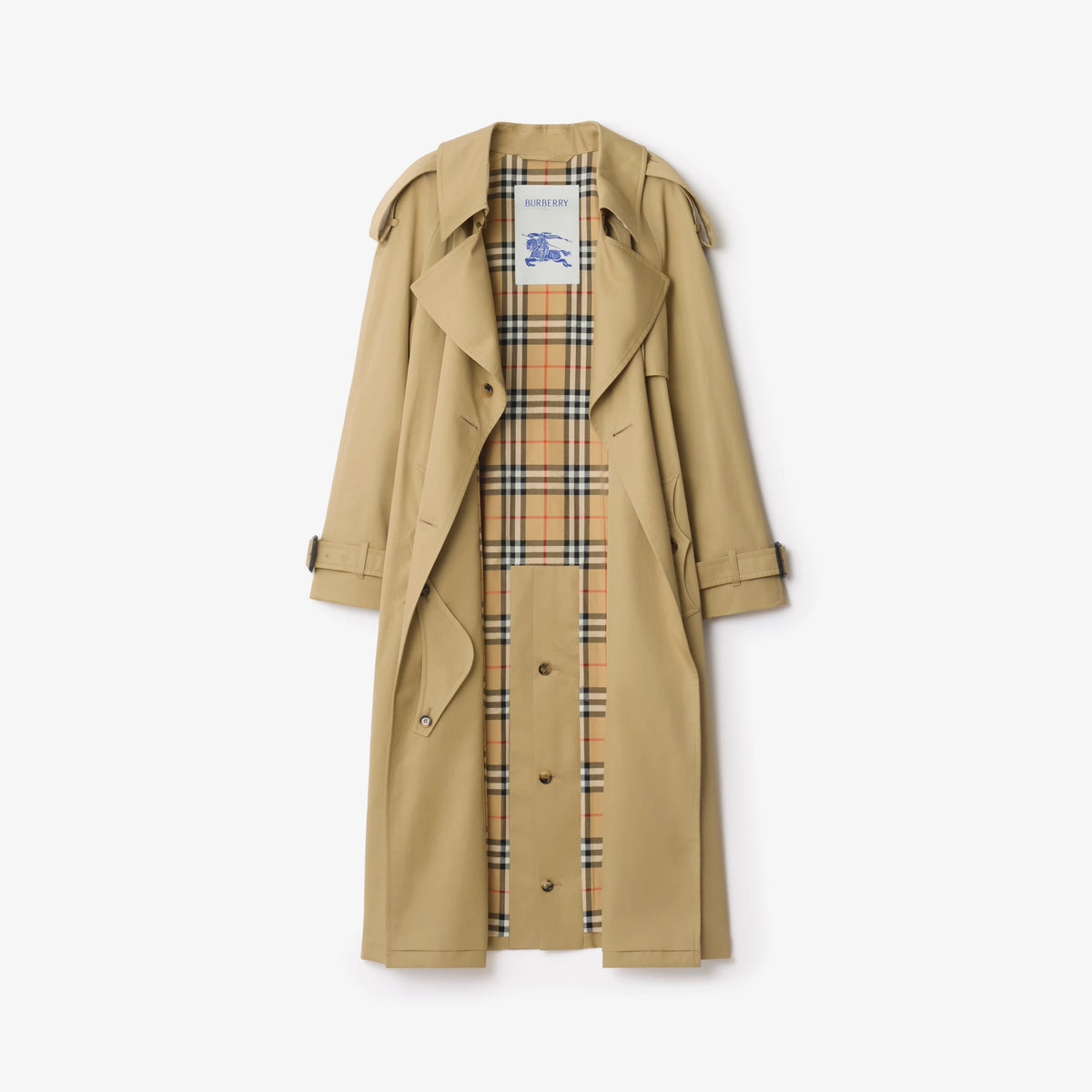 Sand beige long gabardine trench coat with plaid lining and buttoned storm front