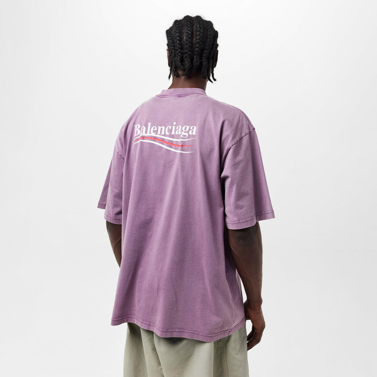 Lilac T-shirt with back logo print, worn by model