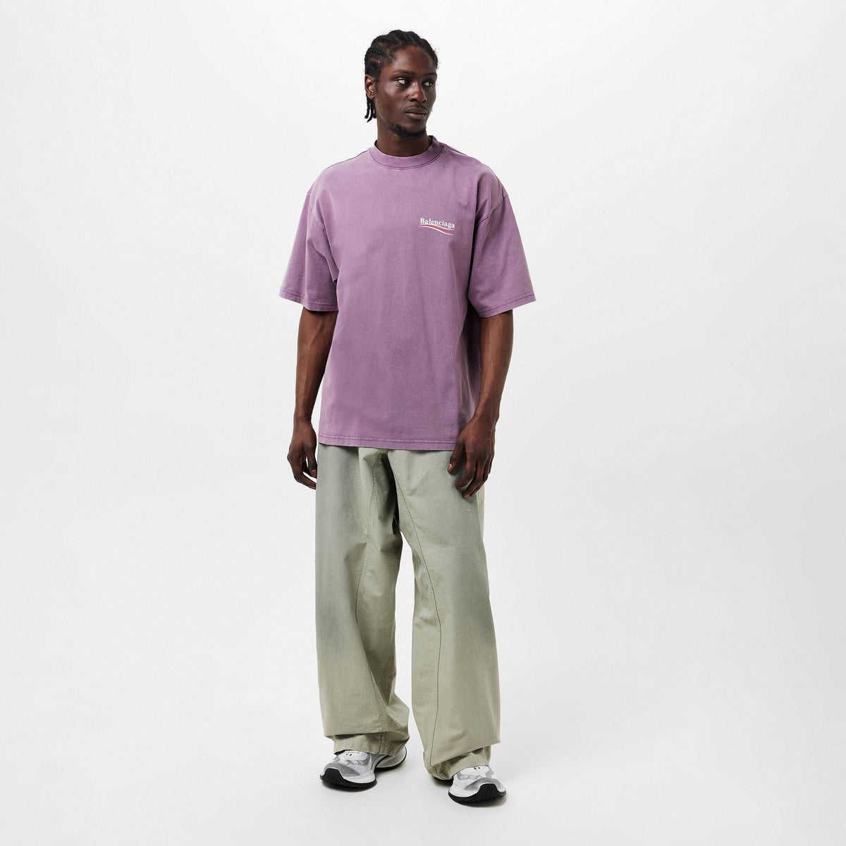 Lilac oversize T-shirt with chest Balenciaga logo worn by model