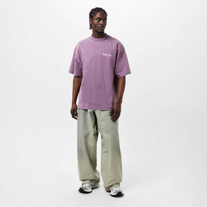Lilac oversize T-shirt with chest Balenciaga logo worn by model