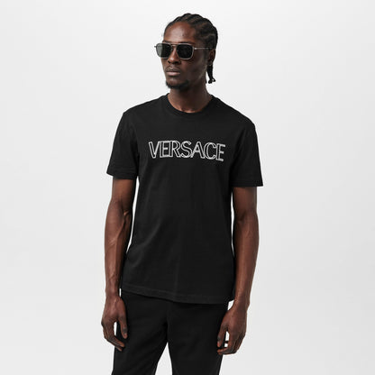 Versace black T-shirt worn by model, white chest logo