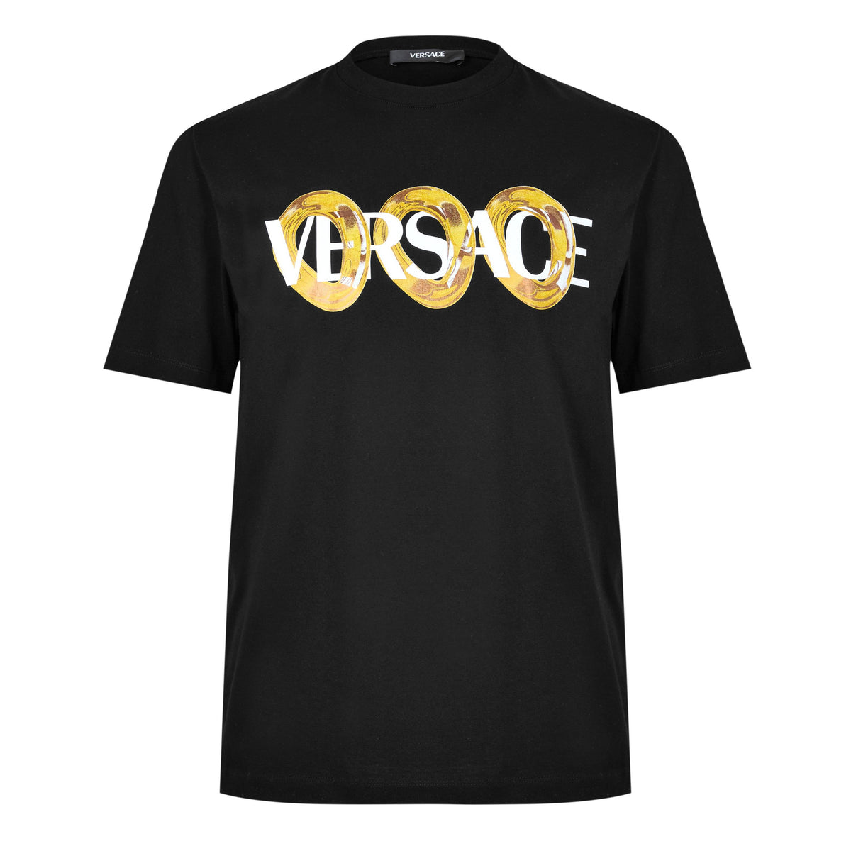 Versace ring graphic T-shirt, black tee with gold logo print on the front