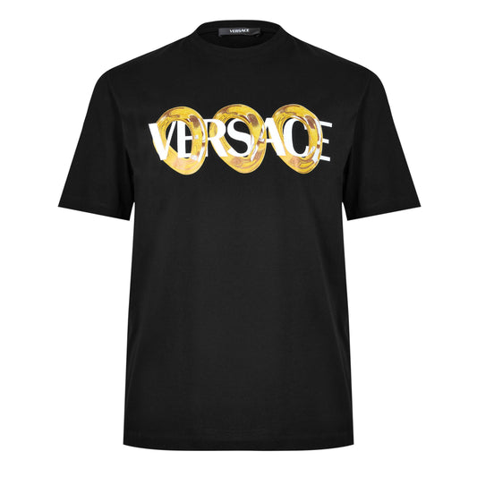 Versace ring graphic T-shirt, black tee with gold logo print on the front