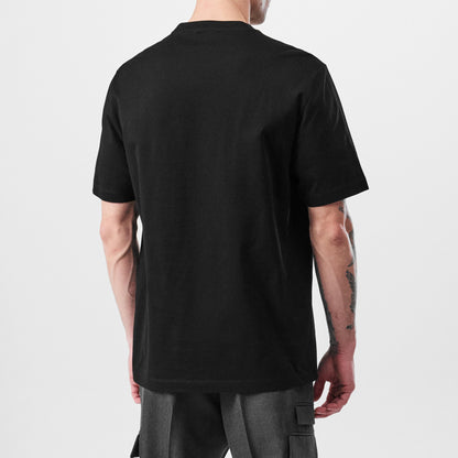 Black T-shirt back view, crew neck with no visible graphic