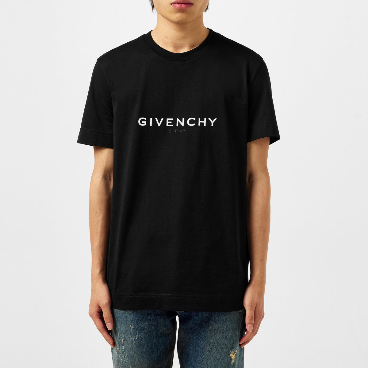 Black T-shirt with centered GIVENCHY logo print on chest