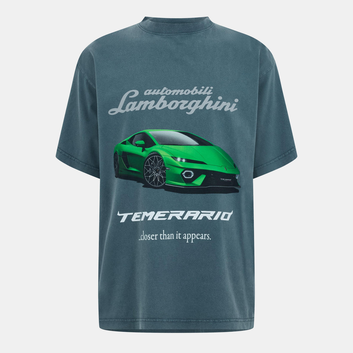 Oversized petrol blue T-shirt with green Lamborghini car front graphic and text TEMERRARIO
