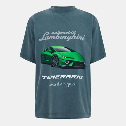 Oversized petrol blue T-shirt with green Lamborghini car front graphic and text TEMERRARIO