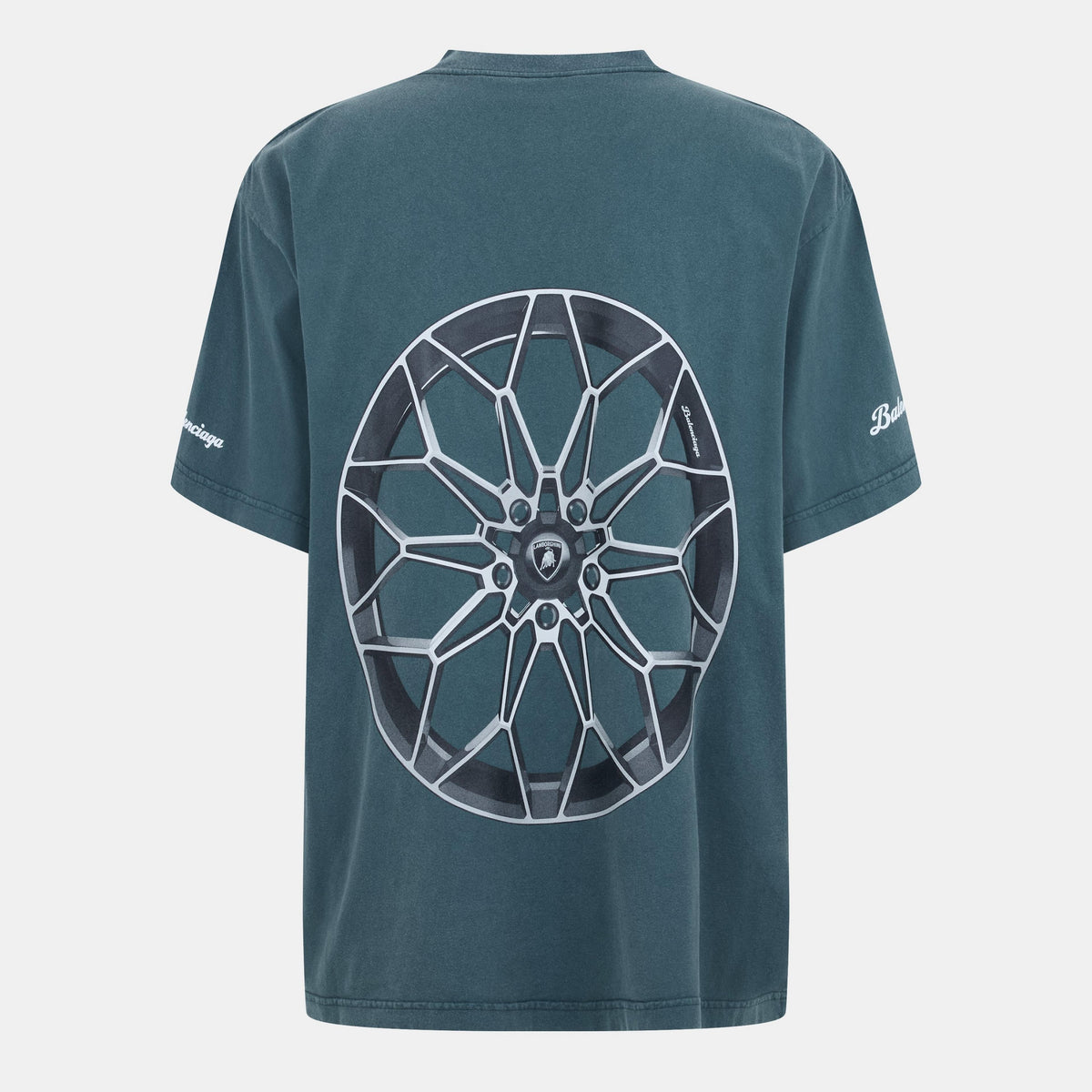 Petrol blue oversized T-shirt with large back wheel rim graphic in white and gray