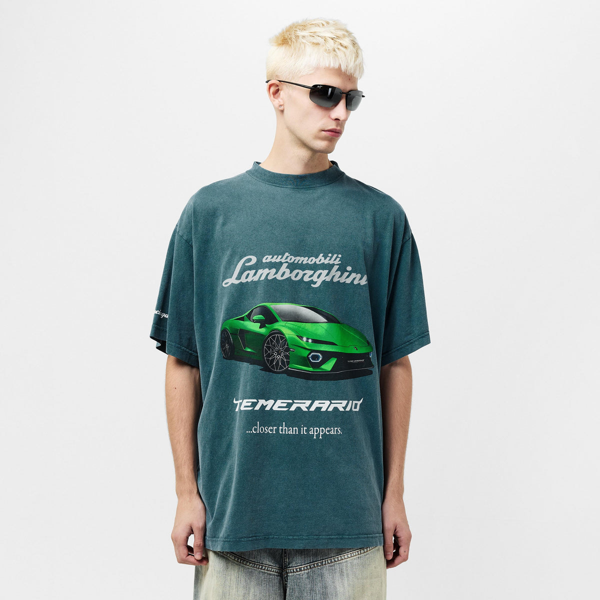Men's oversized petrol blue Lamborghini graphic T-shirt, car and TEMERRARIO logo on chest