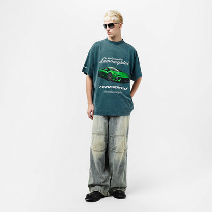 Oversized petrol blue T-shirt with green Lamborghini car print and closer than it appears