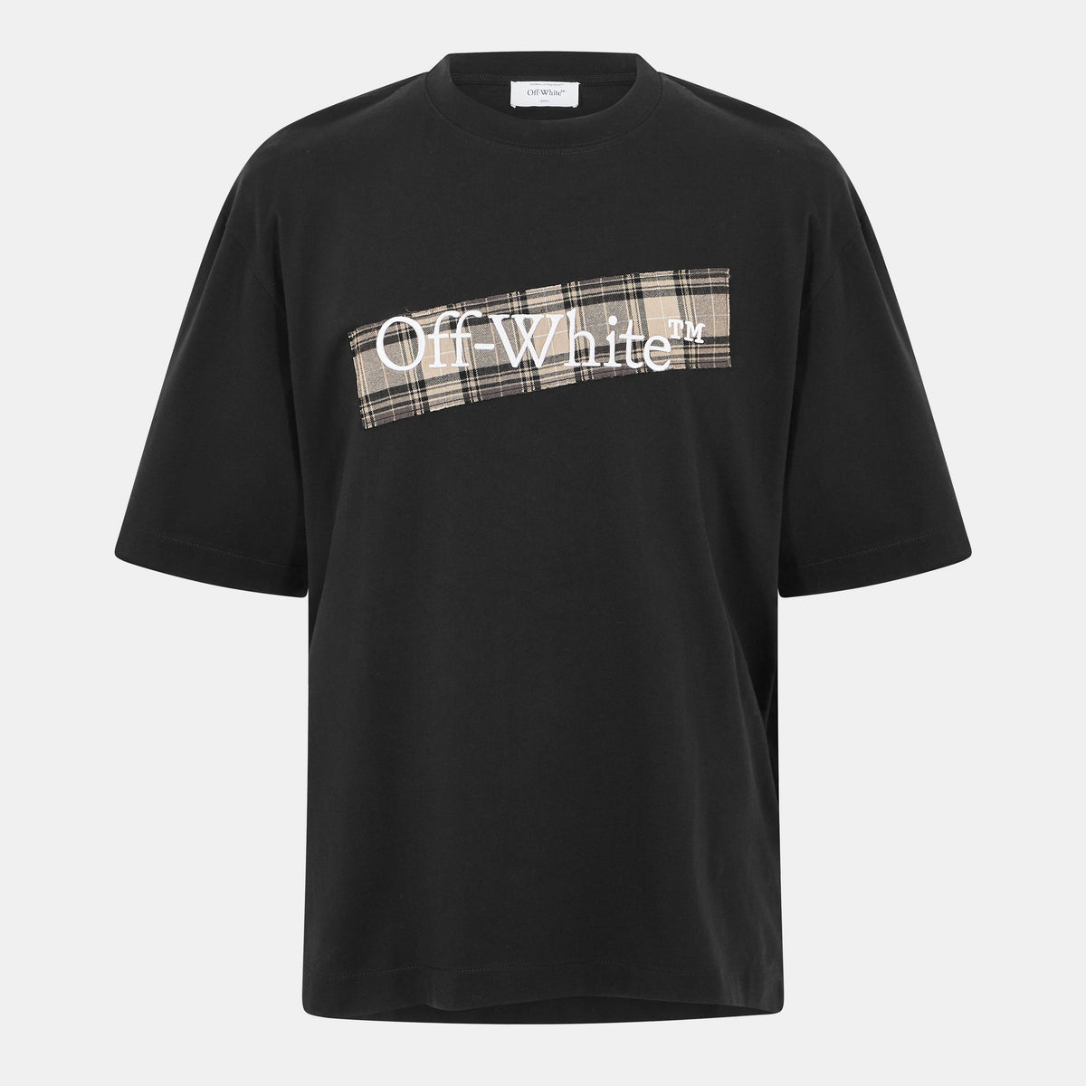 Off-White men’s textured T-shirt, black with Off-White logo on plaid stripe
