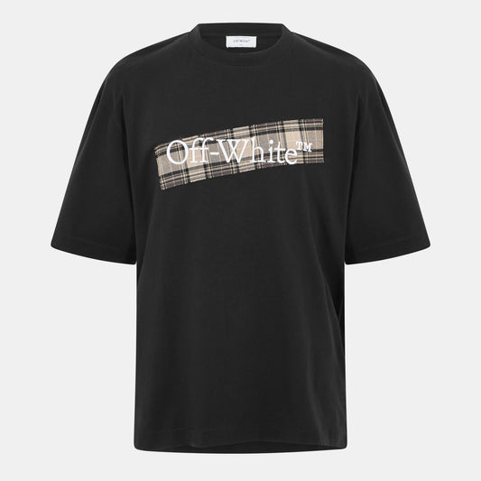Off-White men’s textured T-shirt, black with Off-White logo on plaid stripe