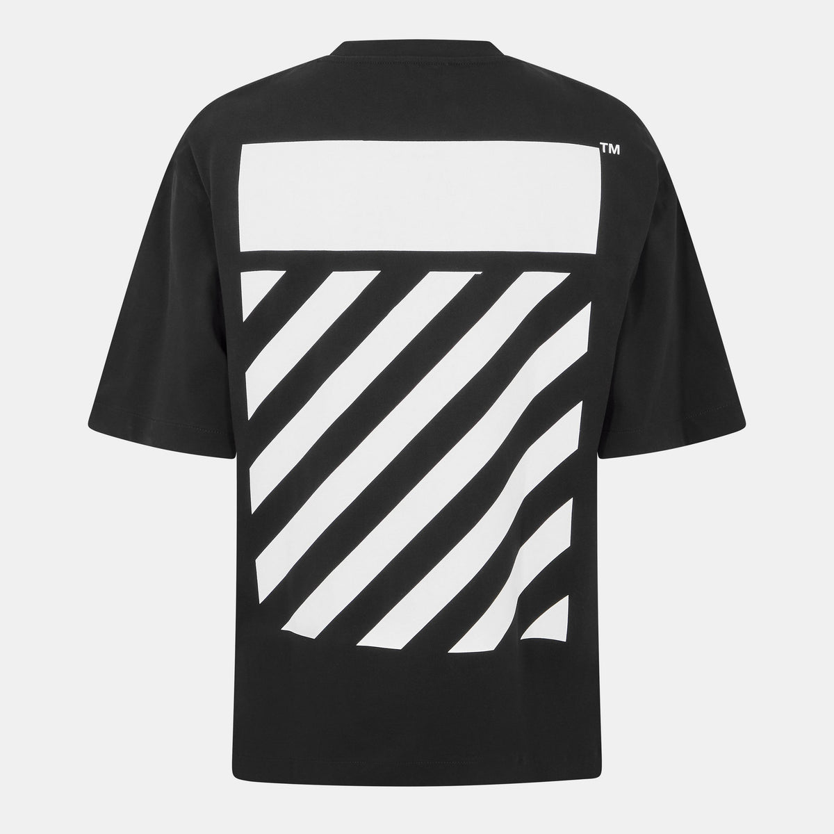 Off-White men’s textured T-shirt, black back with large diagonal striped graphic