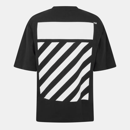 Off-White men’s textured T-shirt, black back with large diagonal striped graphic