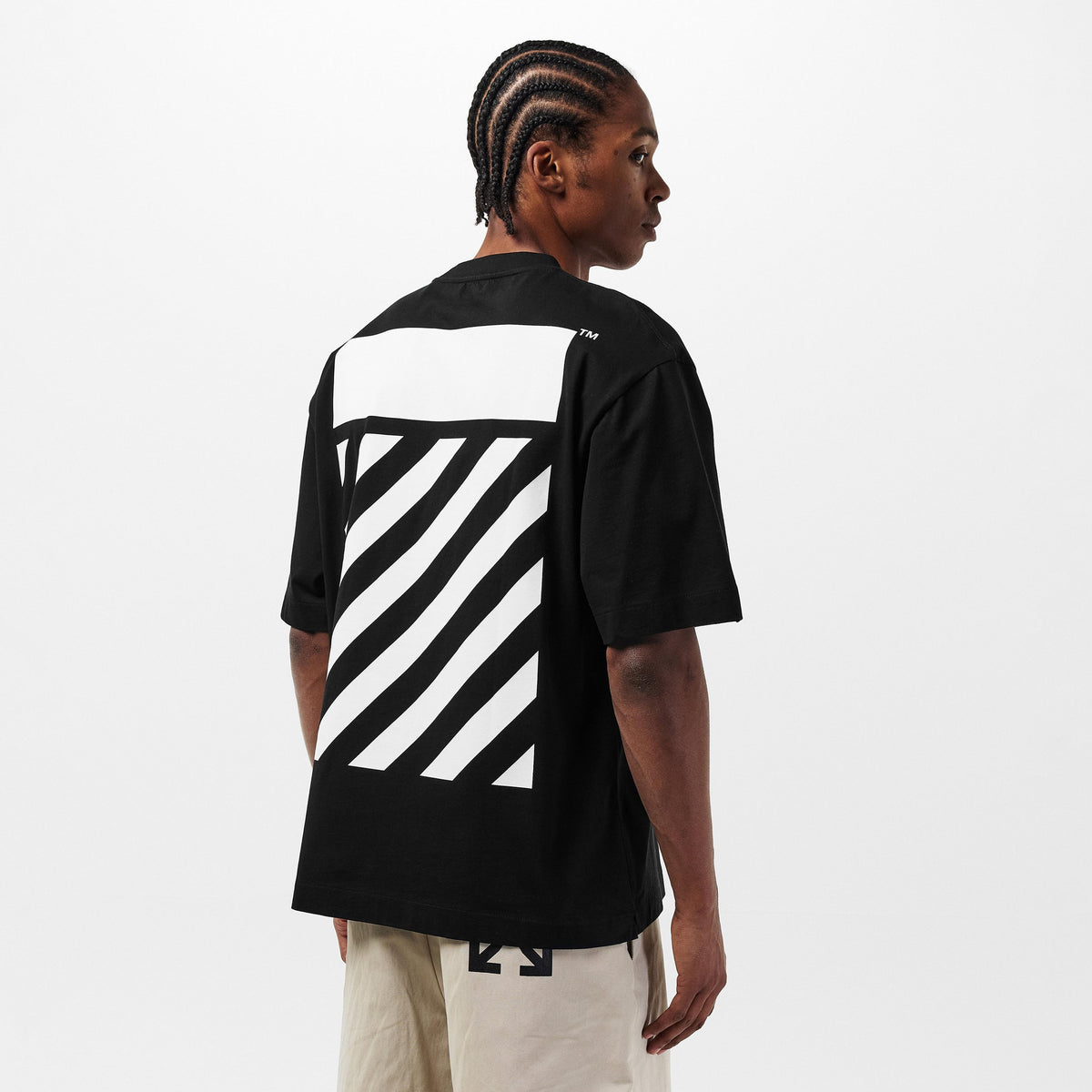 Black men’s Off-White T-shirt, back view with diagonal striped graphic