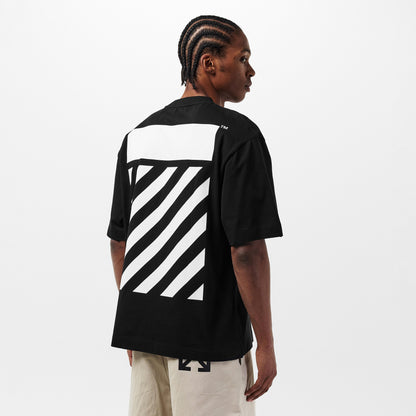 Black men’s Off-White T-shirt, back view with diagonal striped graphic